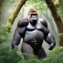 A digital art image showcasing the Cross River gorilla in its natural habitat