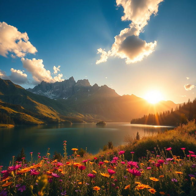 A stunningly beautiful landscape featuring a majestic mountain range under a clear blue sky, with vibrant wildflowers in the foreground and a serene lake reflecting the mountains