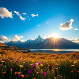 A stunningly beautiful landscape featuring a majestic mountain range under a clear blue sky, with vibrant wildflowers in the foreground and a serene lake reflecting the mountains