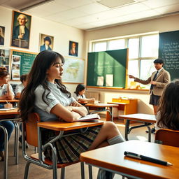 A light-hearted classroom scene featuring a young woman dressed in a school uniform, fast asleep at her desk during a lecture