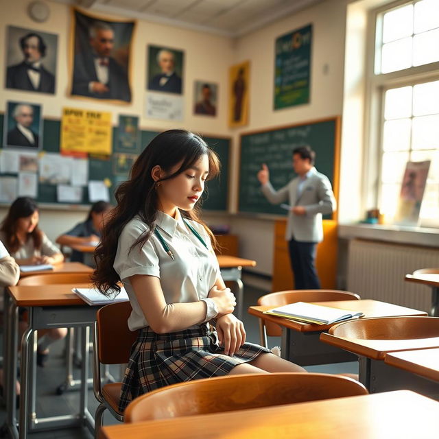 A light-hearted classroom scene featuring a young woman dressed in a school uniform, fast asleep at her desk during a lecture