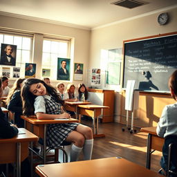 A light-hearted classroom scene featuring a young woman dressed in a school uniform, fast asleep at her desk during a lecture