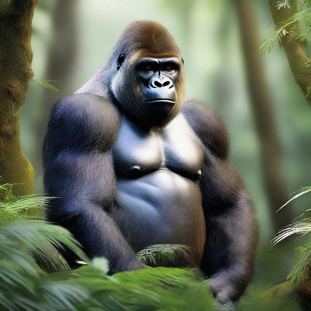 A digital art image showcasing the Cross River gorilla in its natural habitat