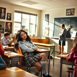 A light-hearted classroom scene featuring a young woman dressed in a school uniform, fast asleep at her desk during a lecture