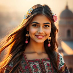 A portrait of a beautiful Iranian girl, showcasing her traditional attire with intricate patterns and vibrant colors