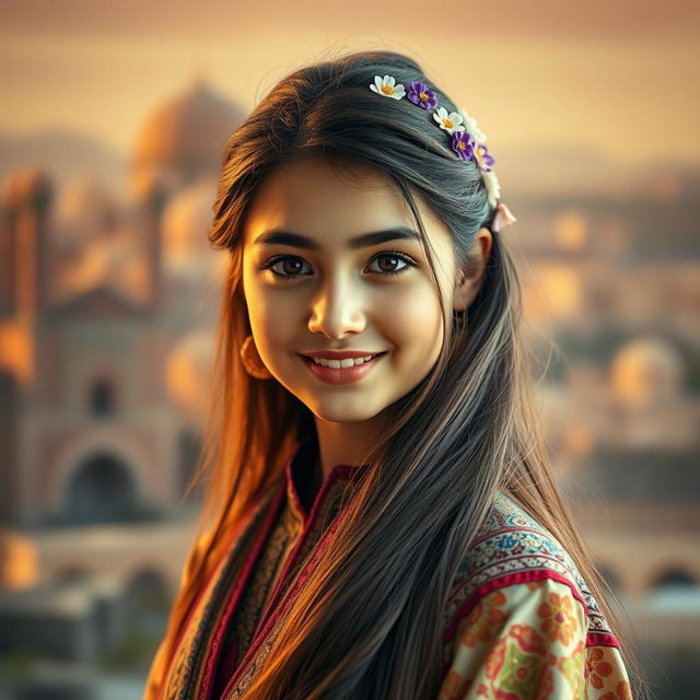 A portrait of a beautiful Iranian girl, showcasing her traditional attire with intricate patterns and vibrant colors