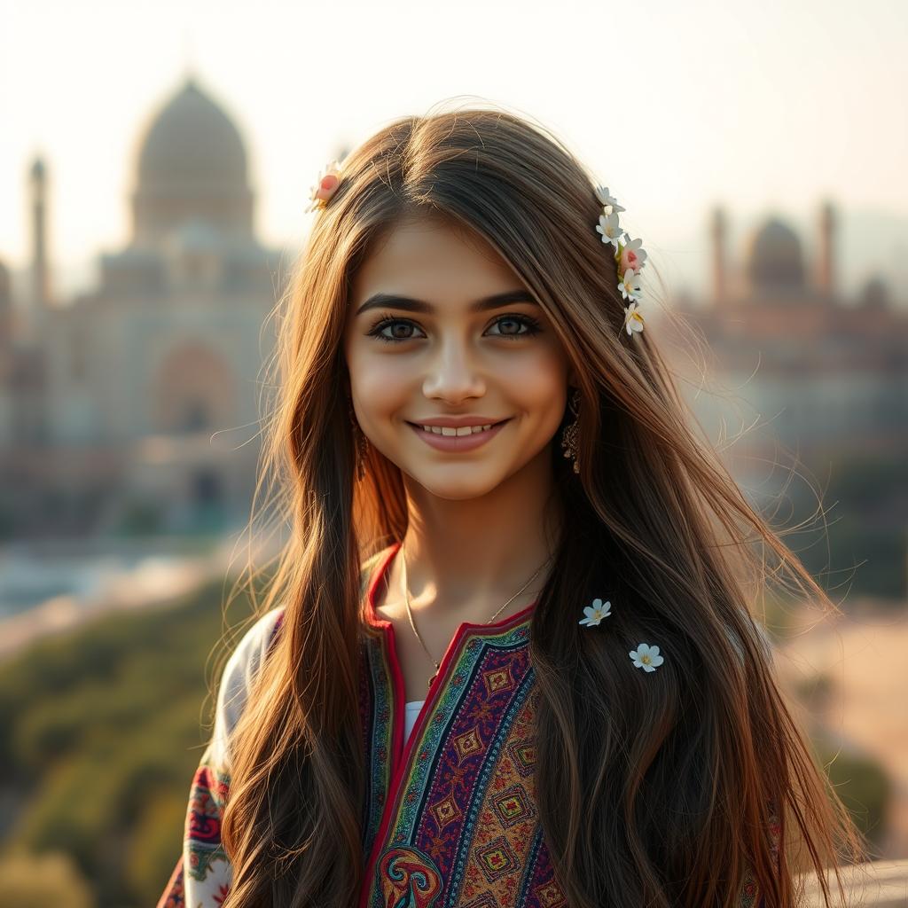 A portrait of a beautiful Iranian girl, showcasing her traditional attire with intricate patterns and vibrant colors