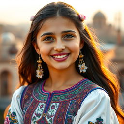 A portrait of a beautiful Iranian girl, showcasing her traditional attire with intricate patterns and vibrant colors