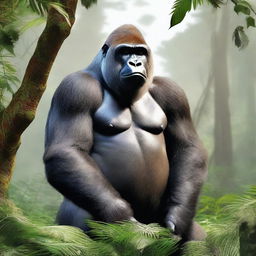 A digital art image showcasing the Cross River gorilla in its natural habitat