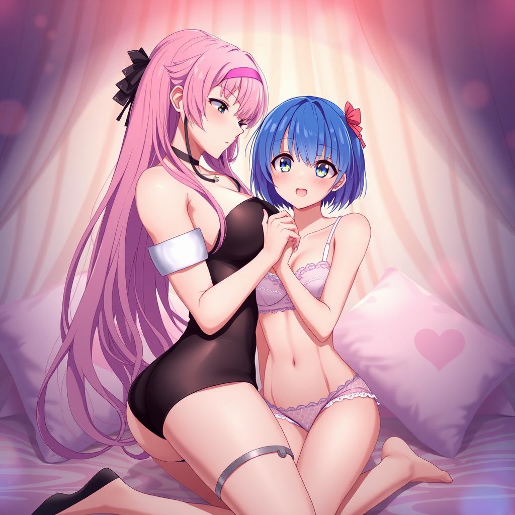 An intimate anime-inspired scene featuring two girls in a soft, sensual environment