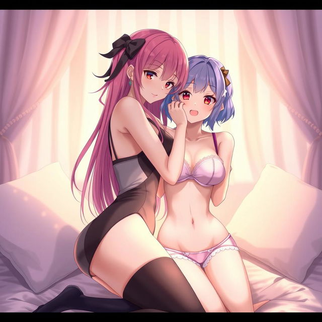 An intimate anime-inspired scene featuring two girls in a soft, sensual environment