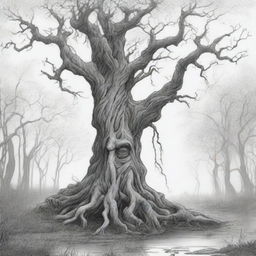 A black and white line drawing depicts an old, twisted tree with the face of an angry old person intricately carved into its trunk