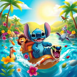 A vibrant and whimsical scene featuring Stitch from Lilo & Stitch embarking on a colorful adventure, set against a backdrop of a lush tropical landscape with bright flowers, palm trees, and crystal-clear water