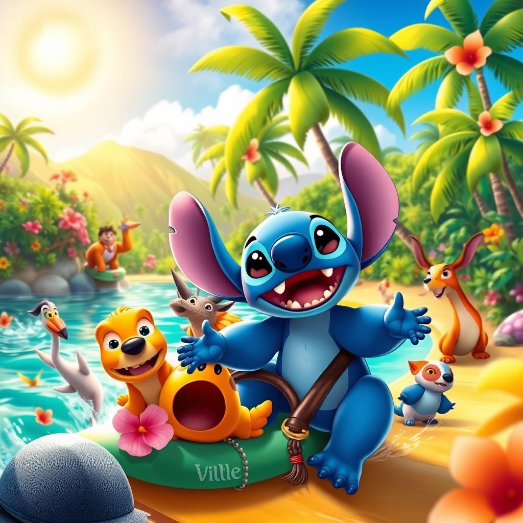 A vibrant and whimsical scene featuring Stitch from Lilo & Stitch embarking on a colorful adventure, set against a backdrop of a lush tropical landscape with bright flowers, palm trees, and crystal-clear water