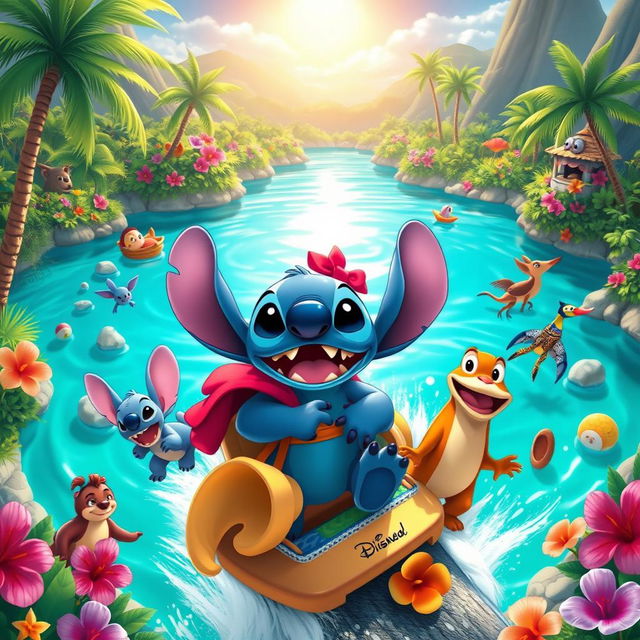 A vibrant and whimsical scene featuring Stitch from Lilo & Stitch embarking on a colorful adventure, set against a backdrop of a lush tropical landscape with bright flowers, palm trees, and crystal-clear water