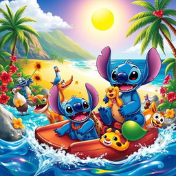 A vibrant and whimsical scene featuring Stitch from Lilo & Stitch embarking on a colorful adventure, set against a backdrop of a lush tropical landscape with bright flowers, palm trees, and crystal-clear water