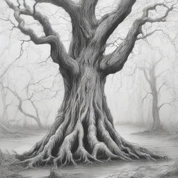 A black and white line drawing depicts an old, twisted tree with the face of an angry old person intricately carved into its trunk