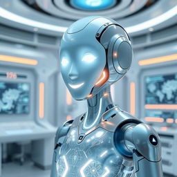 A futuristic AI assistant depicted in a sci-fi inspired environment, featuring sleek metallic surfaces and glowing interfaces