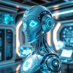 A futuristic AI assistant depicted in a sci-fi inspired environment, featuring sleek metallic surfaces and glowing interfaces