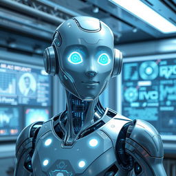 A futuristic AI assistant depicted in a sci-fi inspired environment, featuring sleek metallic surfaces and glowing interfaces