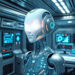 A futuristic AI assistant depicted in a sci-fi inspired environment, featuring sleek metallic surfaces and glowing interfaces