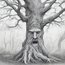 A black and white line drawing depicts an old, twisted tree with the face of an angry old person intricately carved into its trunk