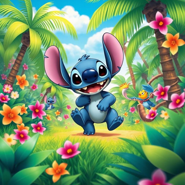 A vibrant and adventurous scene featuring Stitch from Lilo & Stitch, joyfully exploring a lush, tropical landscape