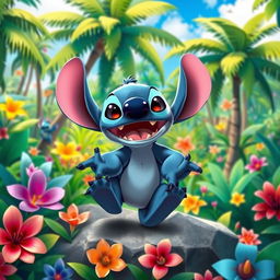 A vibrant and adventurous scene featuring Stitch from Lilo & Stitch, joyfully exploring a lush, tropical landscape