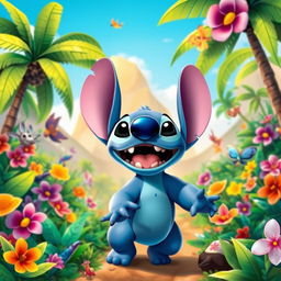 A vibrant and adventurous scene featuring Stitch from Lilo & Stitch, joyfully exploring a lush, tropical landscape