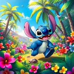 A vibrant and adventurous scene featuring Stitch from Lilo & Stitch, joyfully exploring a lush, tropical landscape
