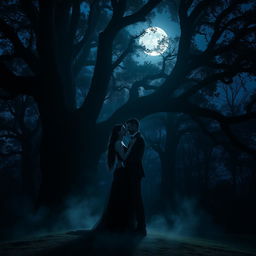 A captivating scene of dark romance set in a moonlit forest