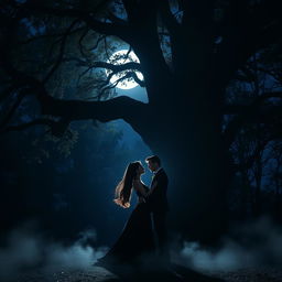 A captivating scene of dark romance set in a moonlit forest