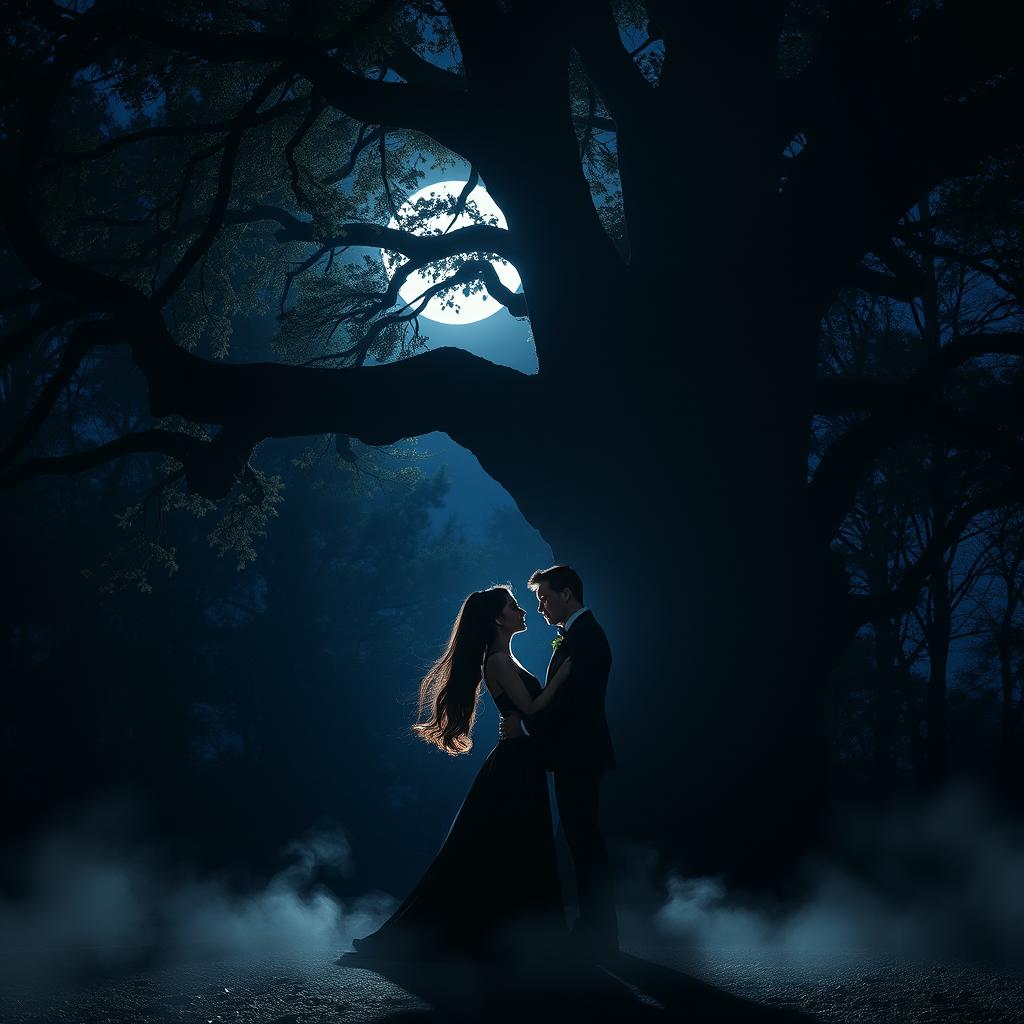 A captivating scene of dark romance set in a moonlit forest