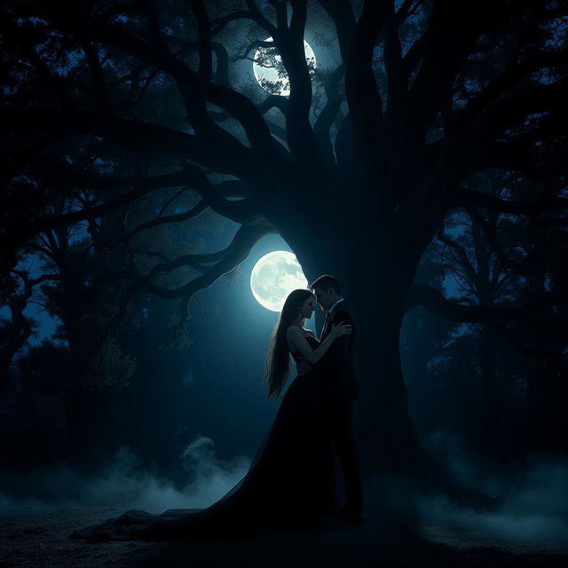 A captivating scene of dark romance set in a moonlit forest