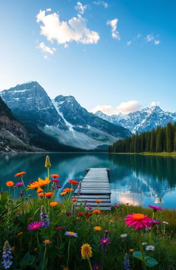 A serene and picturesque landscape featuring a crystal-clear lake reflecting the blue sky, surrounded by towering snow-capped mountains and lush green pine forests