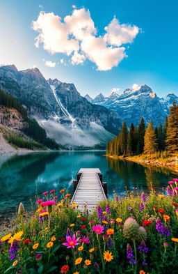 A serene and picturesque landscape featuring a crystal-clear lake reflecting the blue sky, surrounded by towering snow-capped mountains and lush green pine forests