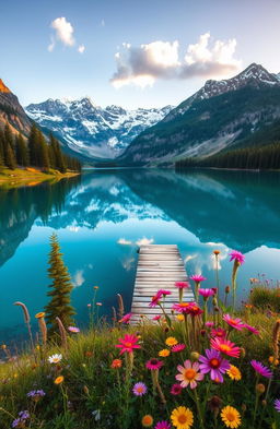 A serene and picturesque landscape featuring a crystal-clear lake reflecting the blue sky, surrounded by towering snow-capped mountains and lush green pine forests