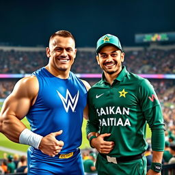 A dynamic scene featuring John Cena, a muscular American wrestler with short cropped hair and wearing a bright blue wrestling outfit adorned with his signature logo, standing next to Babar Azam, a stylish Pakistani cricketer wearing a green cricket jersey with his team's logo