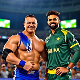 A dynamic scene featuring John Cena, a muscular American wrestler with short cropped hair and wearing a bright blue wrestling outfit adorned with his signature logo, standing next to Babar Azam, a stylish Pakistani cricketer wearing a green cricket jersey with his team's logo
