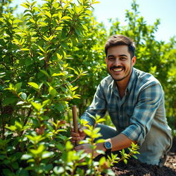 A determined man planting trees in a lush green setting with vibrant foliage, showcasing a variety of tree species