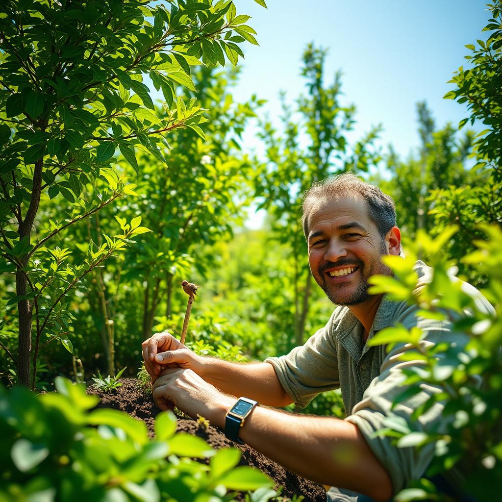 A determined man planting trees in a lush green setting with vibrant foliage, showcasing a variety of tree species