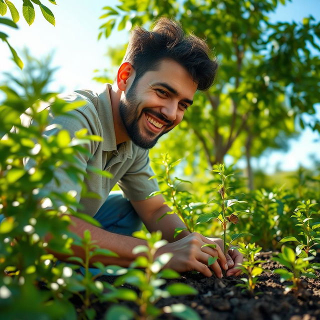 A determined man planting trees in a lush green setting with vibrant foliage, showcasing a variety of tree species