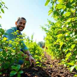 A determined man planting trees in a lush green setting with vibrant foliage, showcasing a variety of tree species