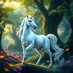 A stunning unicorn standing majestically in a vibrant fantasy forest, surrounded by lush green trees, colorful flowers, and soft glowing lights