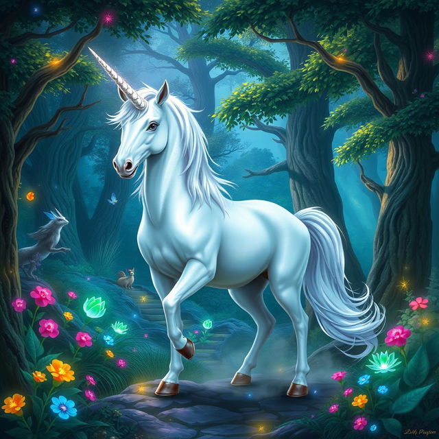 A stunning unicorn standing majestically in a vibrant fantasy forest, surrounded by lush green trees, colorful flowers, and soft glowing lights