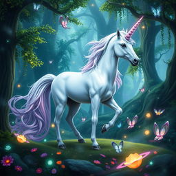 A stunning unicorn standing majestically in a vibrant fantasy forest, surrounded by lush green trees, colorful flowers, and soft glowing lights