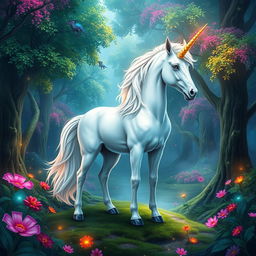 A stunning unicorn standing majestically in a vibrant fantasy forest, surrounded by lush green trees, colorful flowers, and soft glowing lights