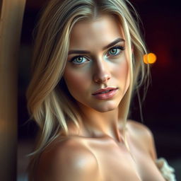 A sensual portrait of a beautiful blonde woman with striking green eyes, showcasing her alluring features in a lifelike manner