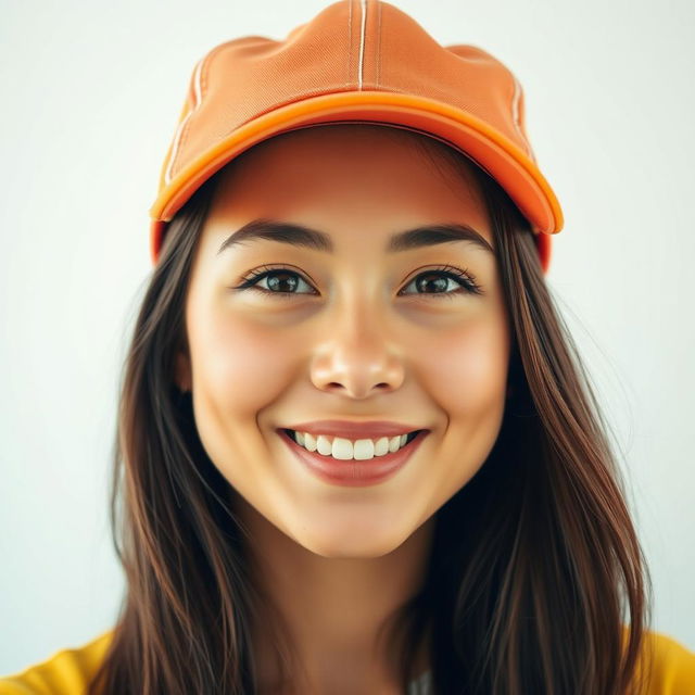 A close-up portrait of a young adult woman with clear skin, beautiful features, and a captivating smile