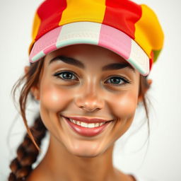 A close-up portrait of a young adult woman with clear skin, beautiful features, and a captivating smile